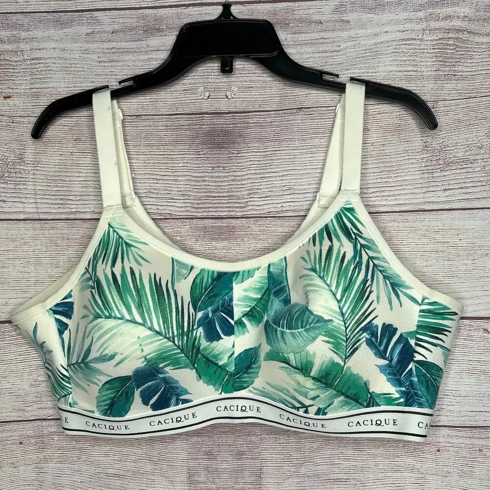 Lane Bryant Cacique Athletic Palm Leaf Tropical Wire Free Soft Cup Bra Size 44B